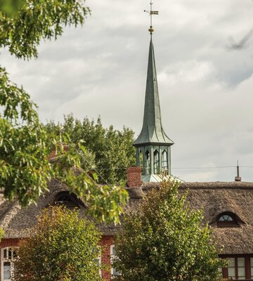 Kirchturmspitze mit Reetdächern im Vordergrund