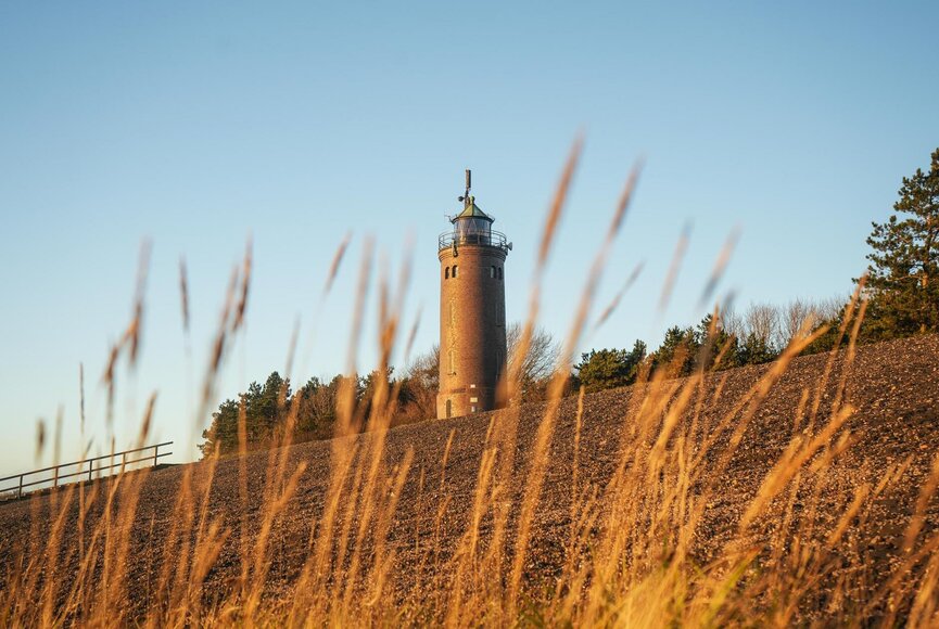 Böhler Leuchtturm durch Gräser fotografiert